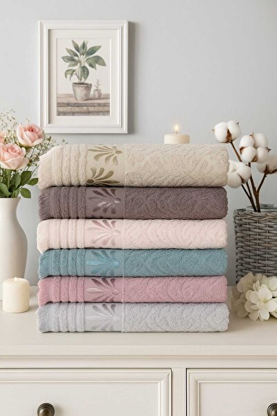 Mela Home مجموعة من 6 مناشف للوجه واليدين بنقشة النخيل مع أطراف مزخرفة - 50*90 سم - هدية - للمطبخ - 100% قطن