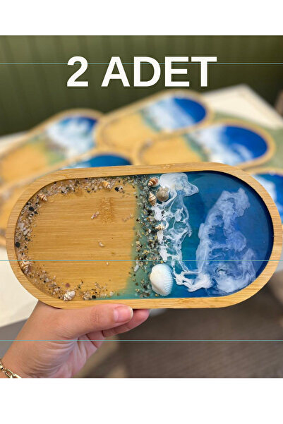 Akçaev 2 Adet Kahve Sunum Tepsisi - Deniz Temalı El Yapımı Epoksi ve Bambu Tü...