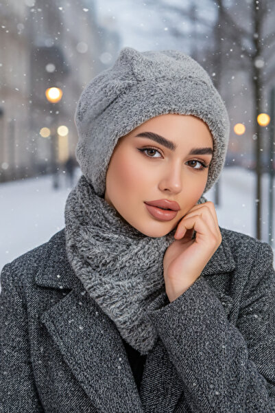 Aişe tesettür طقم قبعة وسترة من قماش ويلسوفت إيتول باللون الرمادي المخلوط مع ملابس محتشمة