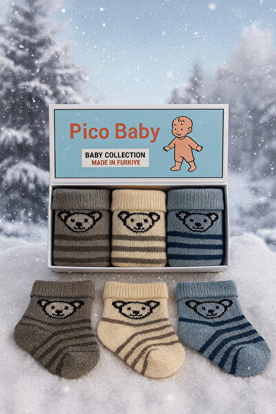 Pico Baby 3'lü Yenidoğan Bebek Ayıcık Desenli/Kışlık/Kutulu/ Havlu Çorap