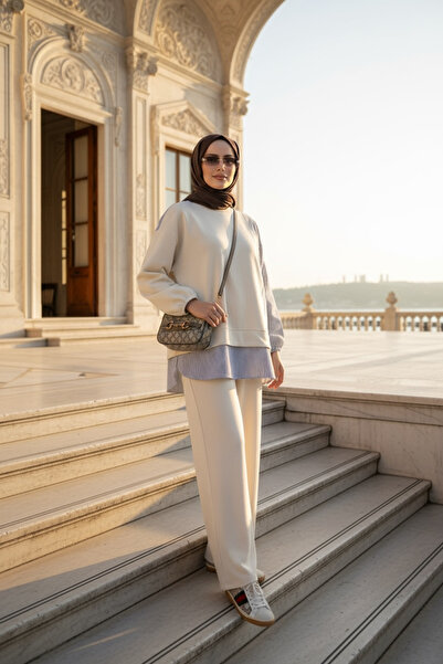 Aselim Hijap Moda Γυναικείο Σετ Χιτζάμπ Σετ Πουκάμισο Δύο Τεμάχια Βανίλια