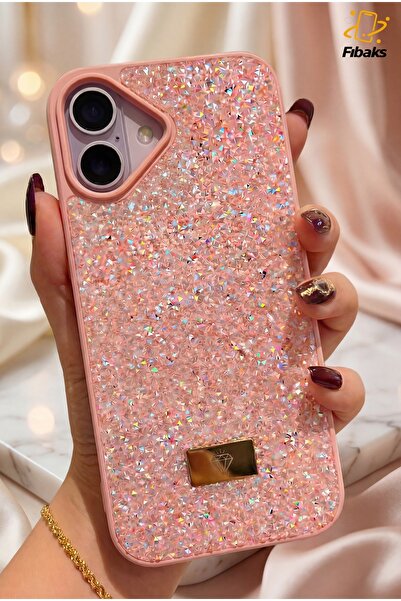 Fibaks iPhone 17 Case with Velvet Diamond Design Inside, Pink Stone Sparkling Diamond Silicone Cover