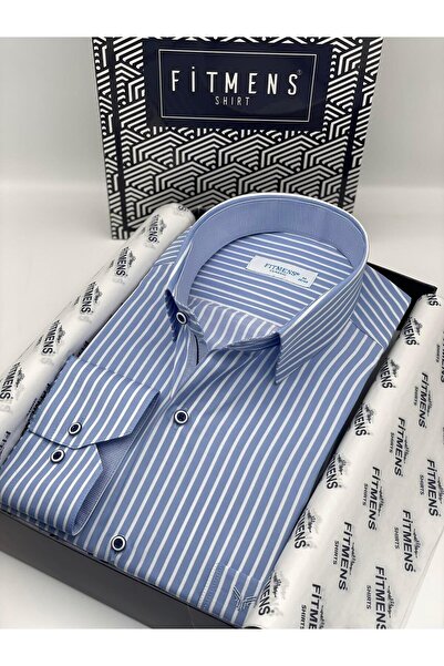 Fitmens قميص رجالي كلاسيكي بأكمام طويلة وخطوط سميكة فاخرة مع علبة هدايا FS-001266 - أزرق وأبيض