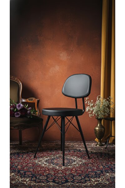 Kalafika Kav Mutfak Sandalyesi, Yemek, Bahçe, Kafe, Modern Sandalye - Siyah Deri