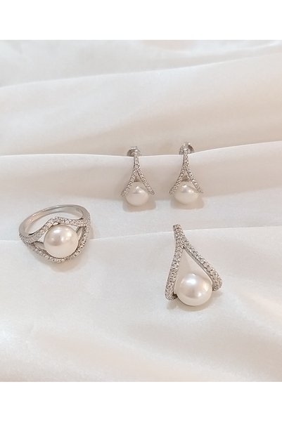 GÜNKAN GÜMÜŞ 925 Ayar Doğal İncili Zirkon Taşlı 3 lü Gümüş Set