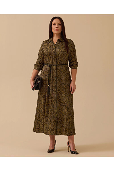 Gala-Xi Büyük Beden Kuşaklı Desenli Elbise