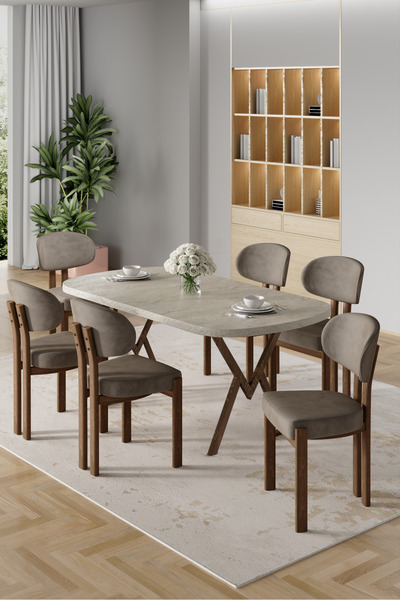 Canisa Radon Serisi MDF 90x168 Sabit Traverten Mutfak Masa Takımı 6 Cappucino...