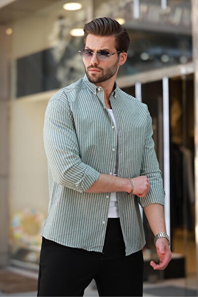 Madmext Hosszú ujjú zöld csíkos pamut férfi ing - 6746