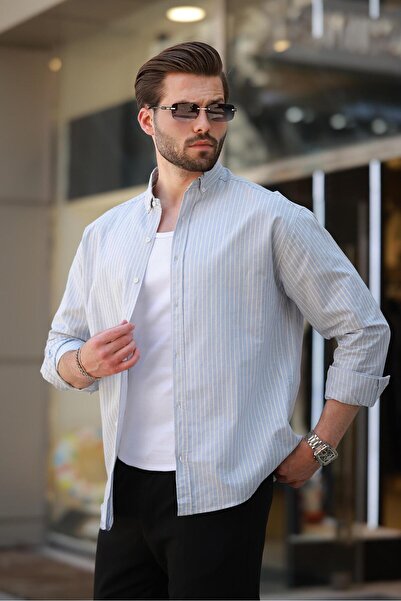 Madmext Pánská košile – modrá pruhovaná, dlouhý rukáv, bavlna 6746