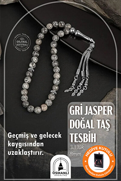 OSMANLI DOĞAL TAŞ Original & Certified Gray Jasper Natural Stone Handmade Special Boxed Gift Men's Prayer Beads 33 Pieces - 8mm