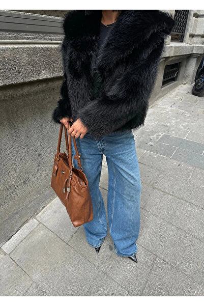 VİSKALİ Kadın Yakalı Astarlı Siyah Premium Kürk Ceket