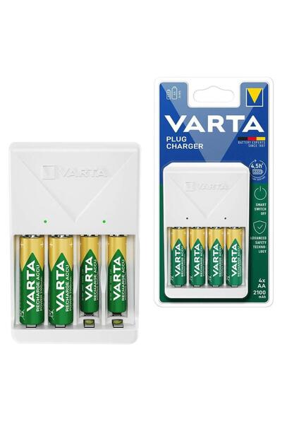 Varta Plug AA/AAA Kalem Pil Şarj Cihazı Aleti - 4 Adet 2100mAh AA HR6 NI-MH Şarj Edilebilir Pil Hedi