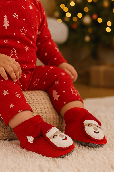 pufien Çocuk Panduf, Bebek Ev Botu, Noel Baba Desenli Sevimli Yılbaşı Peluşlu Bebek Panduf Yumuşak Süngerli