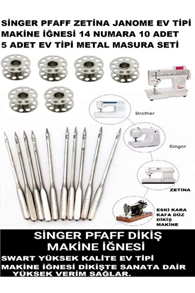Swart SİNGER ZETİNA BROTHER 14 NUMARA 10 ADET İĞNE VE 5 ADET METAL İPLİK MASU...