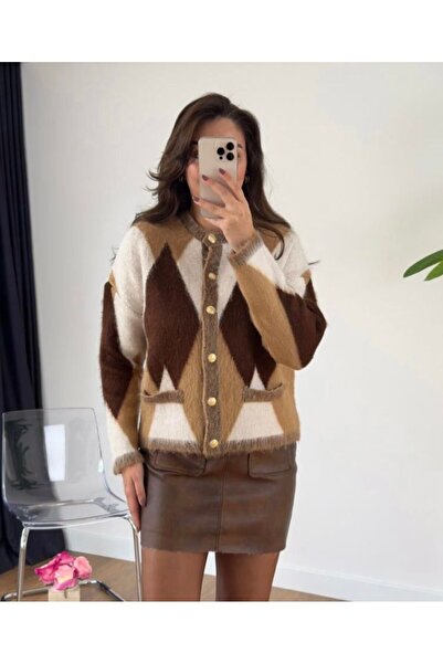 FLEX FASHION KADIN POPÜLER OVERSİZE CEPSİZ TÜYLÜ Baklava DesenLİ TREND Hırka