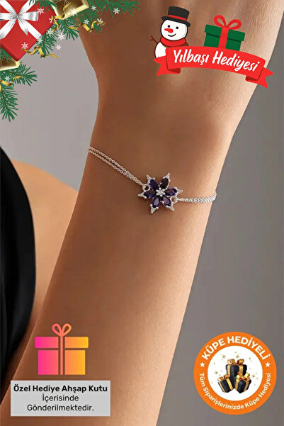 Lucente Jewellery 925 Ayar Hediye Kutulu Mor Lotus Çiçeği Gümüş Kaplama Yılbaşı Hediyesi Gerçek Ametist Taşlı Bileklik