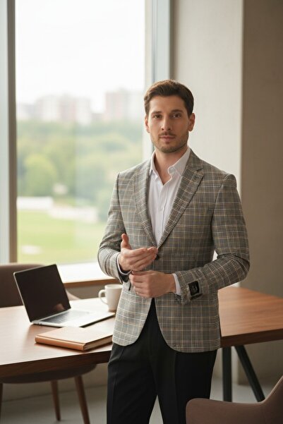 Frappoli Ferrucii Men's Gray Plaid Oversize Plus Size Slim Fit Men's Blazer Jacket