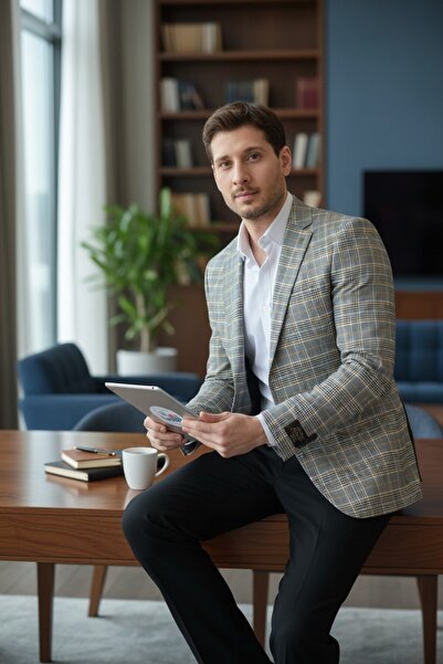 Frappoli Ferrucii Men's Gray Plaid Oversize Plus Size Slim Fit Men's Blazer Jacket