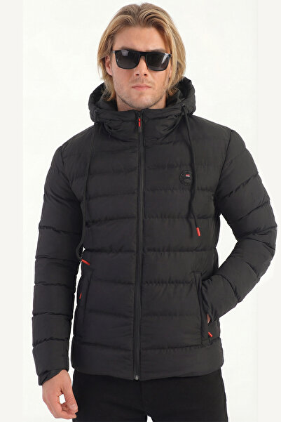 D1fference Palton gonflabil cu glugă, căptușită neagră pentru bărbați