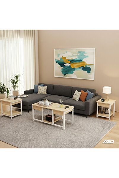 AGD طاولات قهوة متداخلة من 3 قطع، طاولات جانبية وحامل تلفزيون لغرفة المعيشة، مساحة تخزين مفتوحة/بني