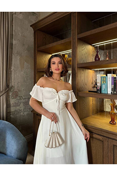 VİSKALİ Off-Shoulder Kadın Maxi Boy Aerobin Kumaş Sırt Detaylı Tam Kalıp Elbise