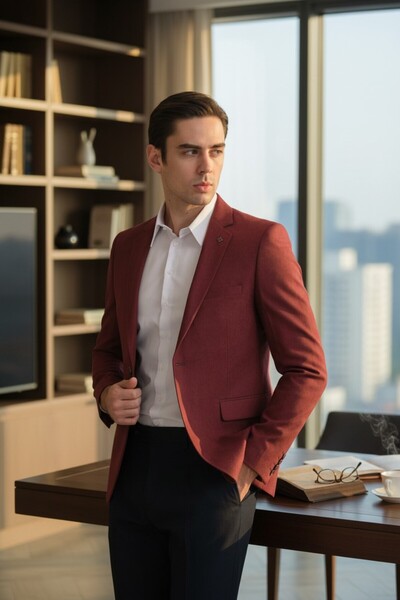 Frappoli Ανδρικό μπουφάν Cencio μπορντό Diagonal Suede Slim Fit Mono Collar Sports Blazer