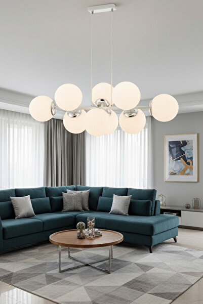 avimonaydınlatma CROSS 8'Lİ BEYAZ GLOB CAMLI KROM - BEYAZ MODERN SARKIT AVİZE OTURMA ODASI SALON