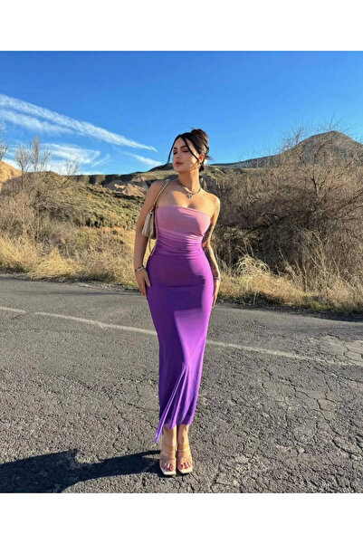 VİSKALİ Kadın Renkli Straplez Vücuda Oturan Straplez Uzun Boy Tül Astarlı Elbise