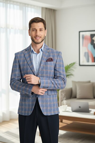 Frappoli Giraldo Чоловічий Синій - Бордо Картаткий Слім Фіт Моно Комір Спортивний Блейзер