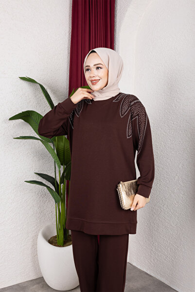 HİRA LİFE FASHİON Moda Efsa Women's Brown Hijab Clothing Elegant Stone Detail...