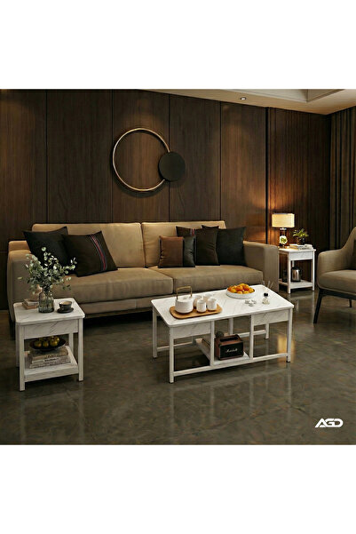 AGD طاولات قهوة متداخلة قابلة للتكديس من 3 قطع، طاولات جانبية للتلفزيون لغرفة المعيشة / لون أبيض رخامي