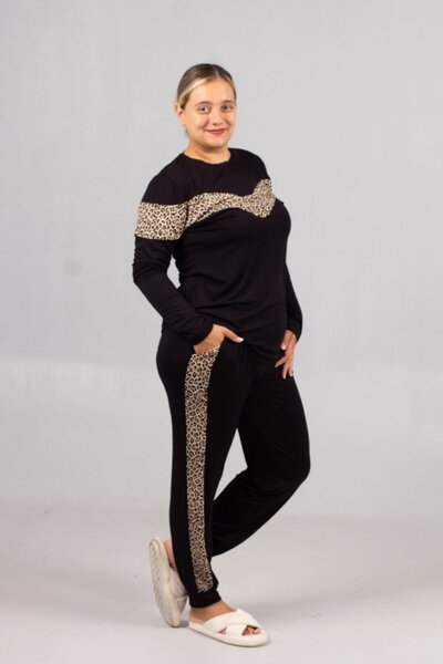 Truva XXL Γυναικείο κοστούμι μεγάλου μεγέθους με μαύρες ρίγες λεοπάρ – Κομψά και άνετα ρούχα για το σπίτι