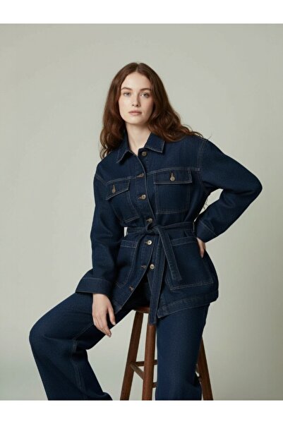 Molly Nelly Women's Metal Button Belted Long Denim Blouse Pants Set