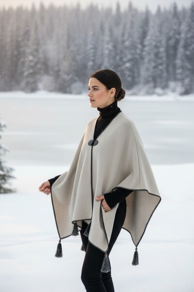 Onur Winter Knitwear Poncho - Solid Color, Edge Stripe, Fashion Trending Product - Store