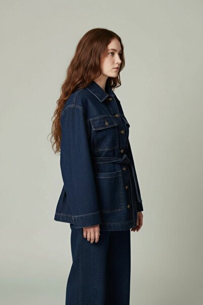 Molly Nelly Women's Metal Button Belted Long Denim Blouse Pants Set