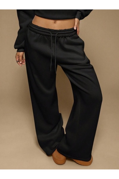 Sun Victoria Women's Black Wide Leg 3 Thread Fleece Winter Sweatpants