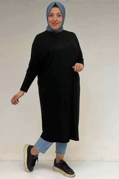 Eslina 28092 Large Size Low Sleeve Combed Cotton Tunic-black