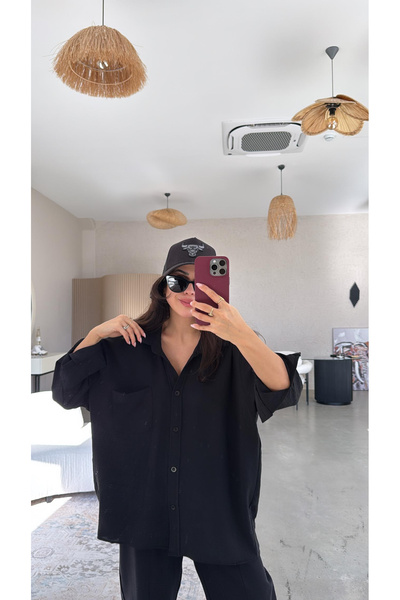 Ales Moda Siyah Oversize Tiril Gömlek