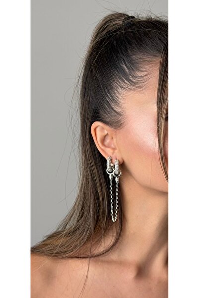 mysteriajewelry Özel Seri Gümüş Renk Zirkon Taş Detaylı Küpe (ZİNCİRLİ VEYA S...