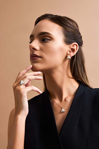 Birinci 14 Ayar Altın 5 mm Zirkon Taşlı Doğal İncili Küpe Kolye Yüzük Üçlü Set