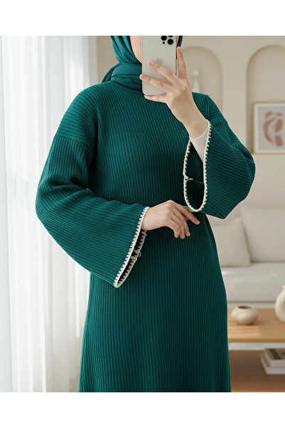 Modamorfo Lace-Up Knitwear Dress with Embroidered Hem and Sleeves - Emerald