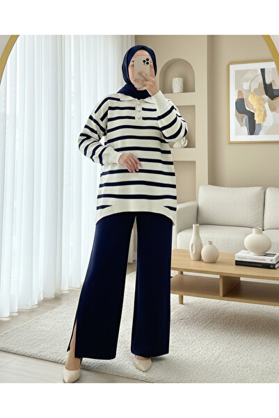 Modamorfo Set de tricotaje cu guler polo cu nasturi - bleumarin