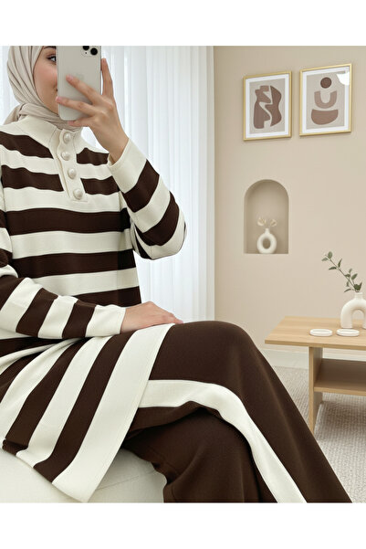 Modamorfo Half Turtleneck Buttoned Thick Striped Knitwear Set - Brown