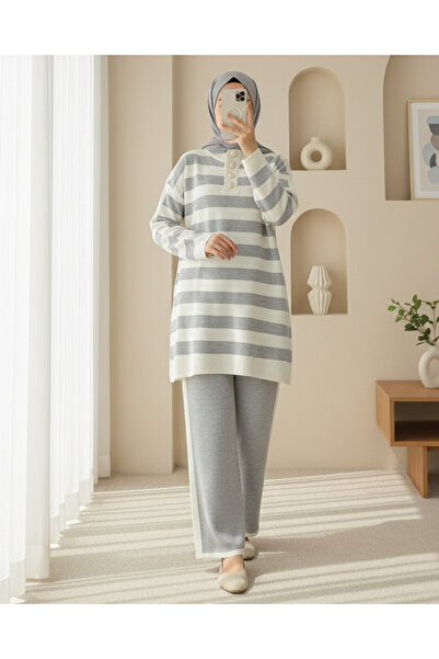Modamorfo Half Turtleneck Buttoned Thick Striped Knitwear Set - Gray