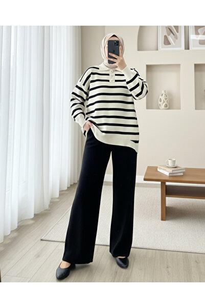 Modamorfo Polo Neck Buttoned Striped Knitwear Set -Black