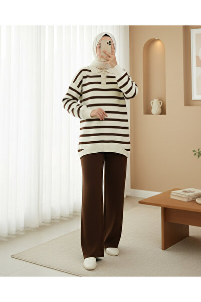 Modamorfo Polo Neck Buttoned Striped Knitwear Set - Brown