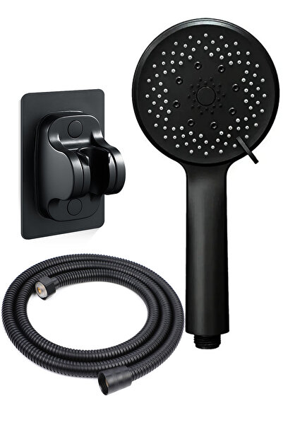 Plodna House Siyah Duş Başlıklı 150 CM Hortumlu ve Yapışkanlı Mafsallı Duş Seti