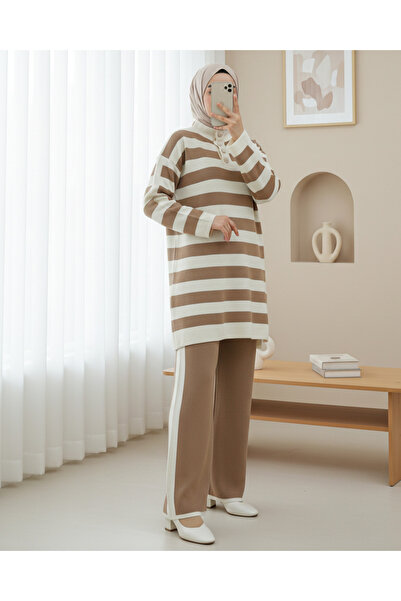Modamorfo Half Turtleneck Buttoned Thick Striped Knitwear Set - Mink