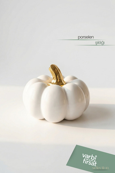 Varbifırsat Beyaz Porselen Balkabağı Dekor – Altın Detaylı Zarif Biblo