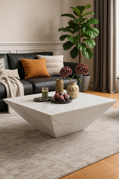 ERİZA Daniel Kare Prizma Orta Sehpa, Ekru Ahşap Mermer Desenli